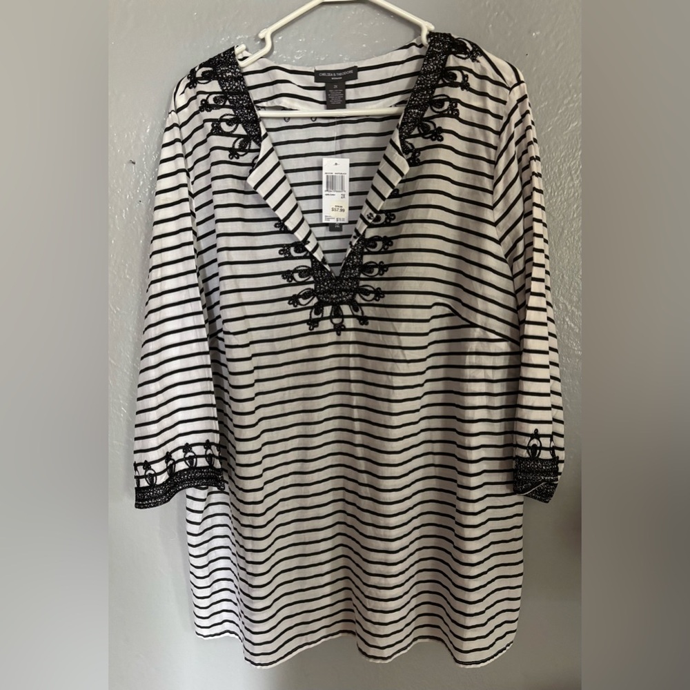 Chelsea & Theodore white/ black striped tunic blouse embroidery details SZ 2X